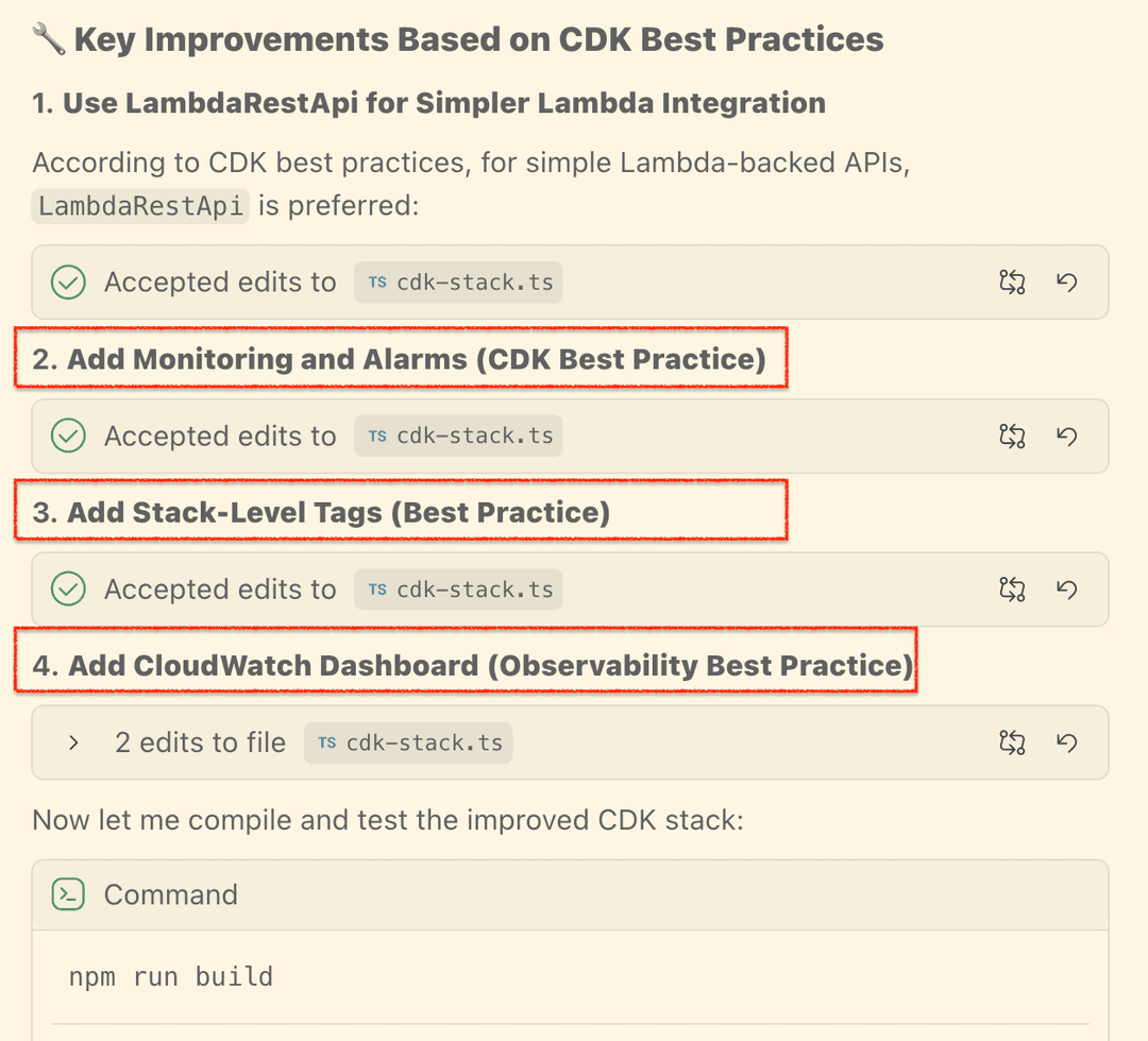 Figure 23 — Identifying and implementing CDK best practices via Kiro Powers