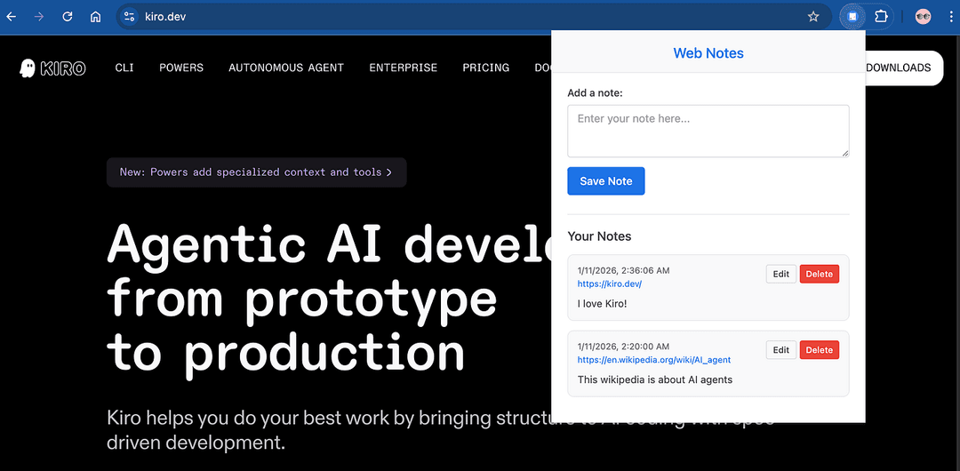 My Web Notes Chrome Extension, built end-to-end with Kiro in under two hours.