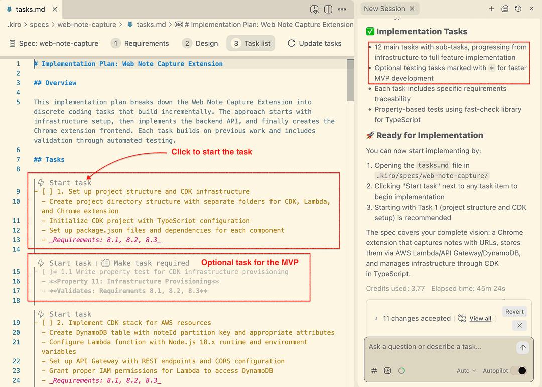 Figure 12 — Task List with Required and Optional Tasks